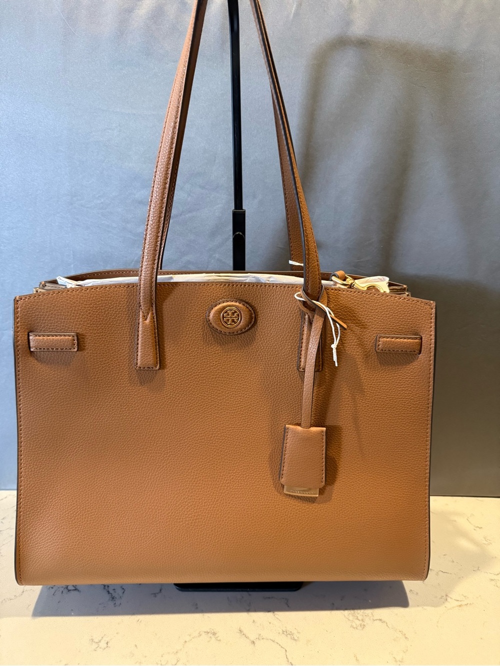 Tory Burch Pebbled Leather Crossbody Tote in Cognac Brown